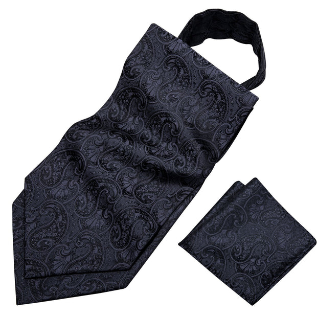 Fashion Black Silk Cravat Ascot Tie For Men Pocket Square