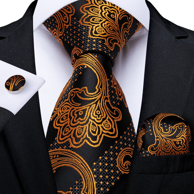 Men Tie Black Gold Paisley Quality Wedding Tie For Men Hanky Cufflink Silk Tie Set