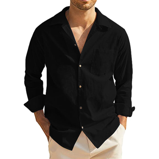Mens Solid Color Blouse Pocket Cotton And Linen Shirt Long Sleeve Top