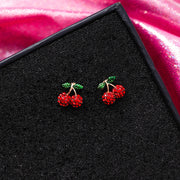 Red Cherry Strawberry Ear Stud Earrings Glitter Rhinestone Cute Fruit Dangler for Women