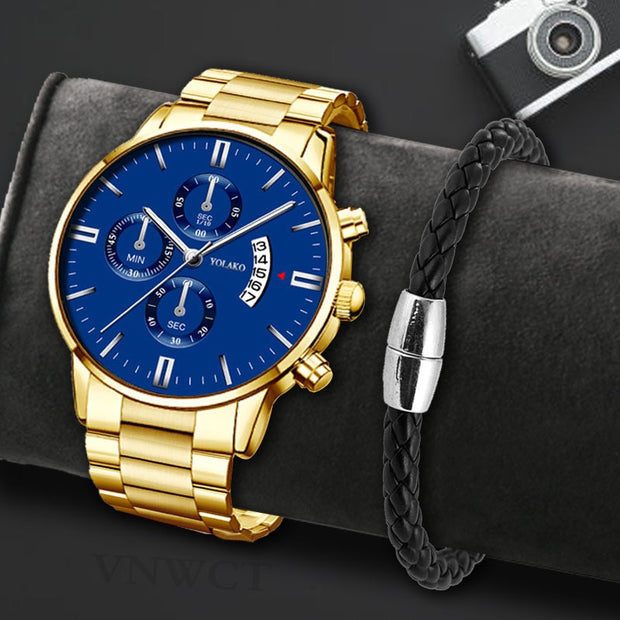 Fashion Stainless Steel Men Watch Bracelet Luxury Calendar Quartz Wristwatch