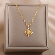 Goth Zircon Round Compass Necklace For Women Stainless Steel Gold Color
