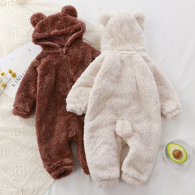 Winter Warm Baby Romper Coral Fleece Cartoon Bear Hooded Boys Girls
