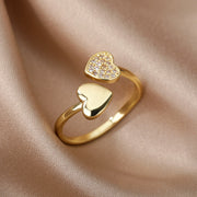 Zircon Double Heart Rings For Women Crystal Stainless Steel Heart Love Adjustable Ring