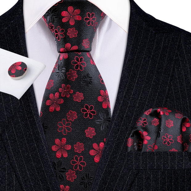 3PC Fashion Luxury Dark Floral 100% Silk Tie Gifts For Men Suit