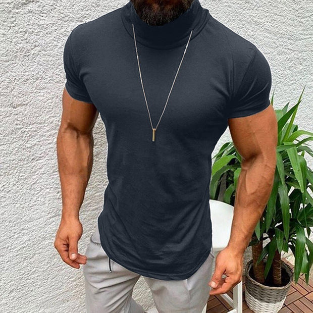 Turtleneck T Shirt Men Spring Summer Short Sleeve Bottoming Shirt Solid Pullovers