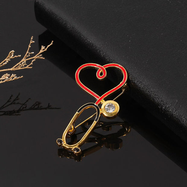 Fashion Medical Brooch Pin Stethoscope Electrocardiogram Heart Shaped