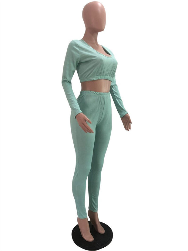Adogirl Solid Ribbed Two Piece Set Women Outfits Long Sleeve Crop Top High Waist