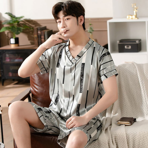 Ice Silk Pajamas Set V-neck Pullover Summer Short-sleeved Thin Silk Pajamas for Men