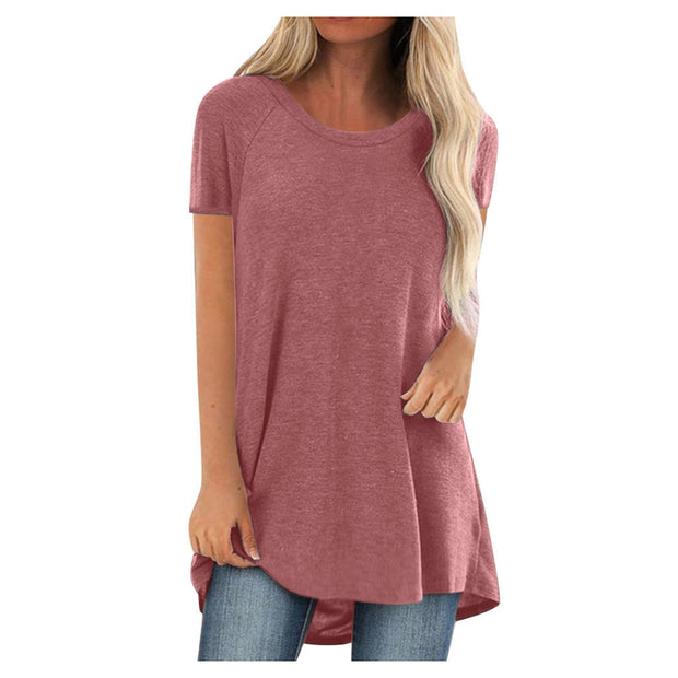 Tunic Soild Fashion Long Shirts Round Neck Short Sleeve Casual Blouses