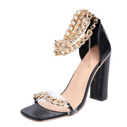 Gold-Tone Chain Embellished Ankle Strap High Heel Sandals for Women