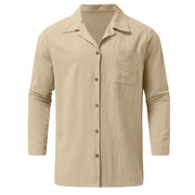 Mens Solid Color Blouse Pocket Cotton And Linen Shirt Long Sleeve Top