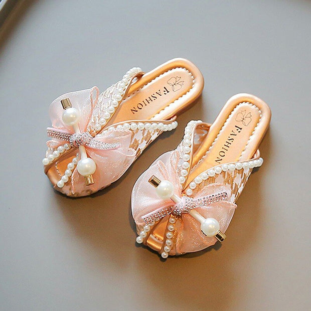 Jlong Children Pearl Mesh Butterfly Bow Sandals with Soft Anti-Slip Sole