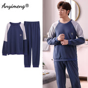 Autumn Long Sleeve Pajamas Set for Men Plus Size Sleepwear Kinttied Cotton Pajama