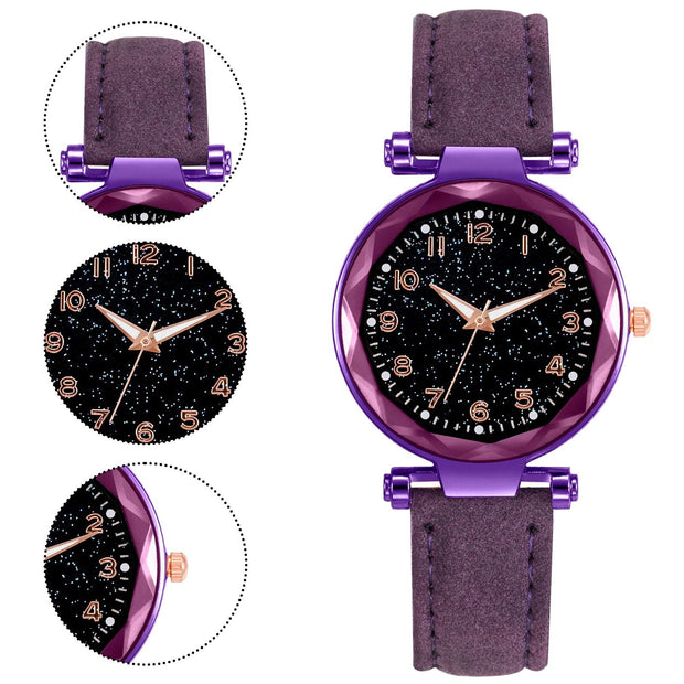 Women Fashion Watch Leater Band Dazzling Digital Face Ladies Quartz Watch