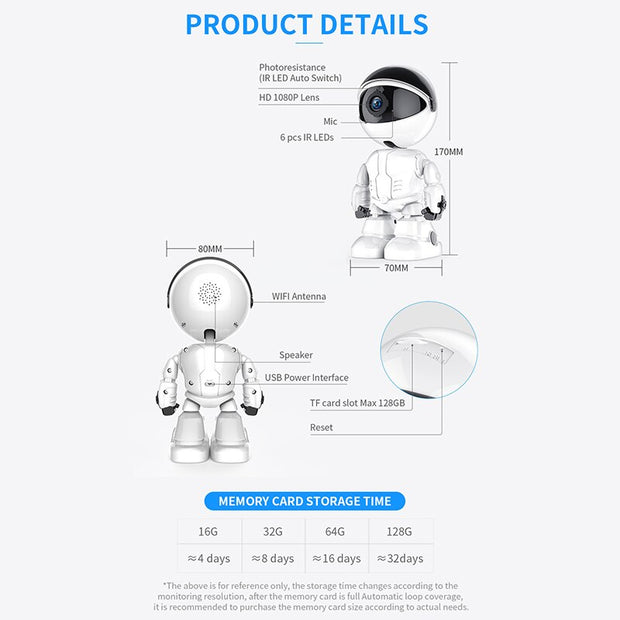 1080P Robot IP Camera WiFi Two-way Audio Surveillance 360° Night Vision Security Camera