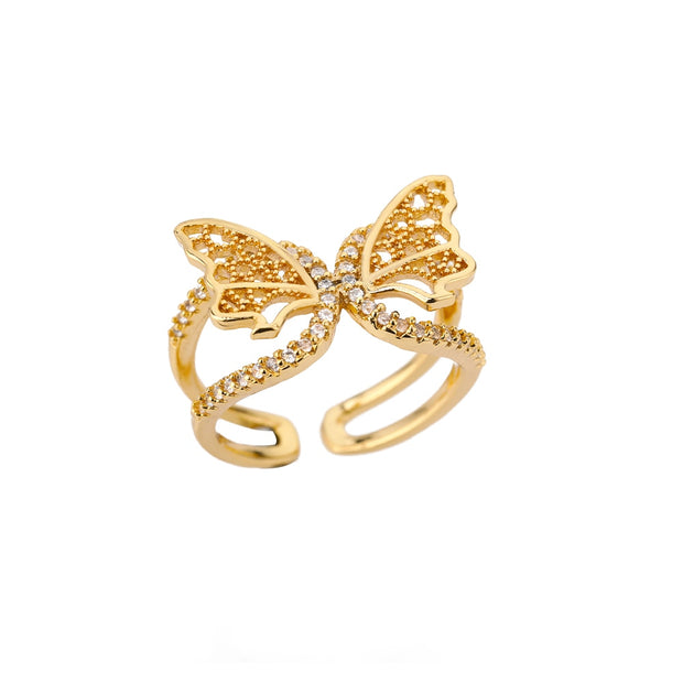 Zircon Butterfly Rings Stainless Steel Twisted Chain Finger Adjustable