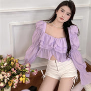 Women Square Collar Ruffle Crop Top Long Sleeve Sexy Casual Chiffon Blouse