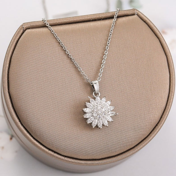 Stainless Steel Rotating Sunflower Pendant Necklace for Women Jewelry Luxury