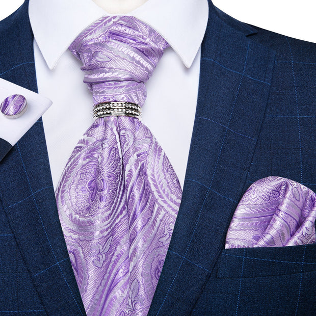 Silver Paisley Silk Ascot Tie Set Wedding Party Cravat White Ties