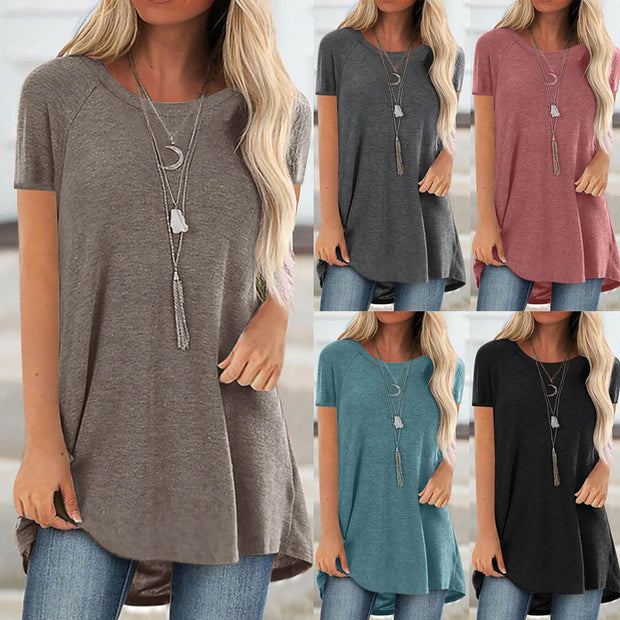 Tunic Soild Fashion Long Shirts Round Neck Short Sleeve Casual Blouses