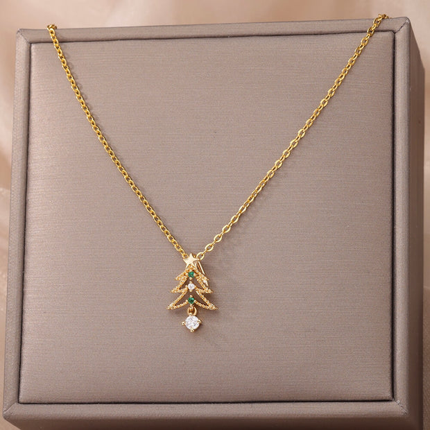 Zircon Christmas Tree Necklace For Women Chain Stainless Steel Necklace