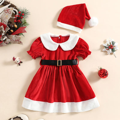 0-4 Years Toddler Baby Kid Girls Christmas Red Dress Princess Dress with hat