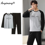 Autumn Long Sleeve Pajamas Set for Men Plus Size Sleepwear Kinttied Cotton Pajama