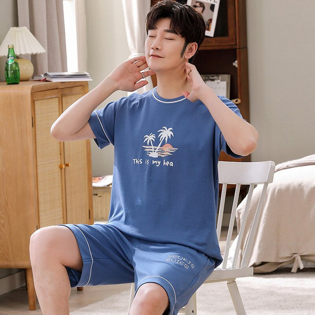 Summer Casual men's pajamas Knitted cottonshort sleeve shorts Striped