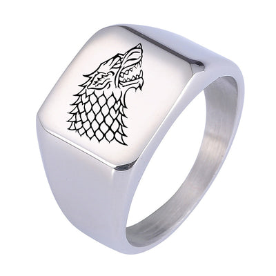 Laser Engraved Viking Wolf Head Ring Punk Stainless Steel Finger Rings Men