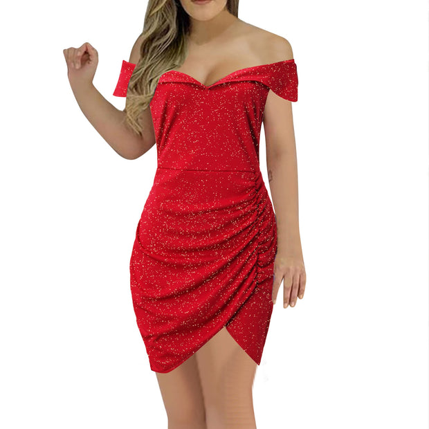 Off Shoulder Shiny Ruched Black Mini Dress