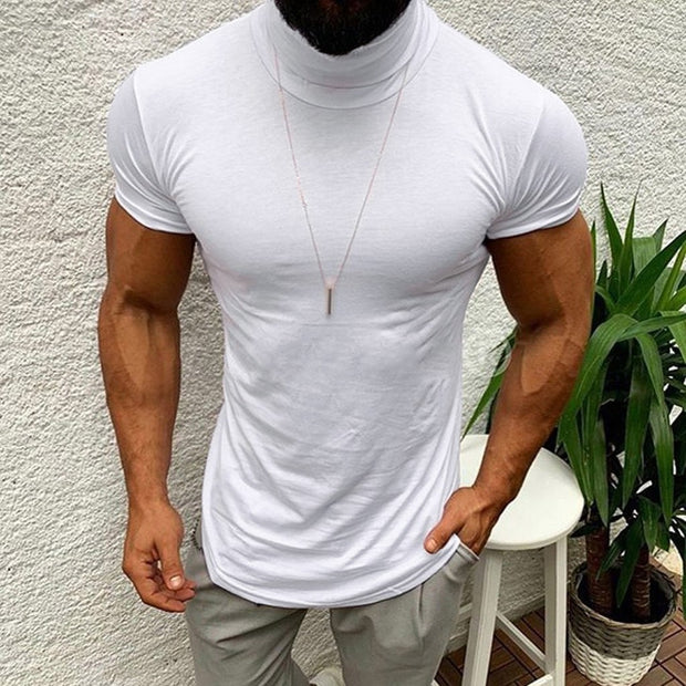 Turtleneck T Shirt Men Spring Summer Short Sleeve Bottoming Shirt Solid Pullovers