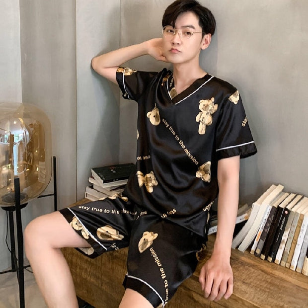 Ice Silk Pajamas Set V-neck Pullover Summer Short-sleeved Thin Silk Pajamas for Men