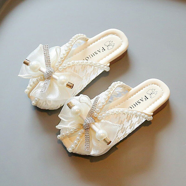 Jlong Children Pearl Mesh Butterfly Bow Sandals with Soft Anti-Slip Sole