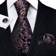 3PC Fashion Luxury Dark Floral 100% Silk Tie Gifts For Men Suit