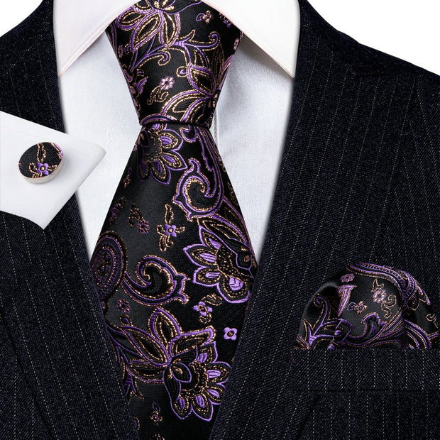 3PC Fashion Luxury Dark Floral 100% Silk Tie Gifts For Men Suit