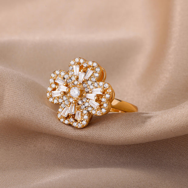 Rotating Four Clover Adjustable Rings for Women Stainless Steel Wedding Ring