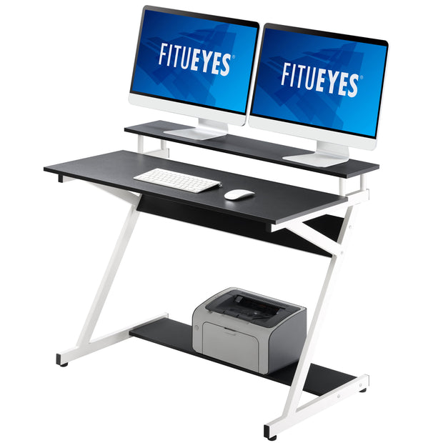 Unique Z-Shaped 40" Computer Desk with 2-Monitor Shelf & Bottom Storage Shelves