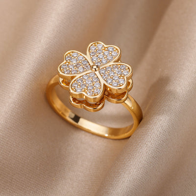 Zircon Rotatable Four Leaf Clover Anxiety Rings For Women Stainless Steel Anti-Stress