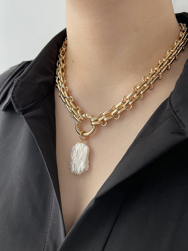 Large Square Natural Freshwater Pearl Pendant Chunky Chain Necklace