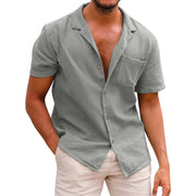 Male Soild Colour Blouse Cotton Linen Button Down Holiday Beach Shirt