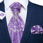 Silver Paisley Silk Ascot Tie Set Wedding Party Cravat White Ties