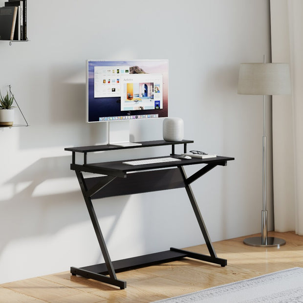 Unique Z-Shaped 40" Computer Desk with 2-Monitor Shelf & Bottom Storage Shelves