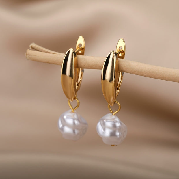 Circle Earrings For Women Vintage Punk Baroque Pearl Earrings Stainless Steel