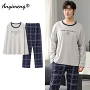 Autumn Long Sleeve Pajamas Set for Men Plus Size Sleepwear Kinttied Cotton Pajama