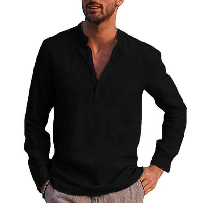 Black Shirt Cotton Linen Shirt Men Casual Top Simple Comfortable Collar Button