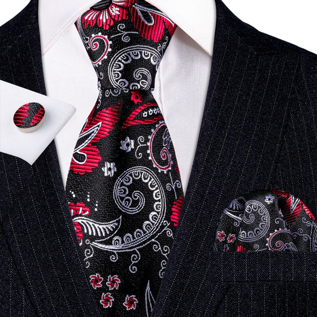 3PC Fashion Luxury Dark Floral 100% Silk Tie Gifts For Men Suit