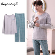 Autumn Long Sleeve Pajamas Set for Men Plus Size Sleepwear Kinttied Cotton Pajama