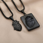 Gothic Anatomical Heart Pendant Necklace Set &amp; Puzzle Couple  Stainless Steel