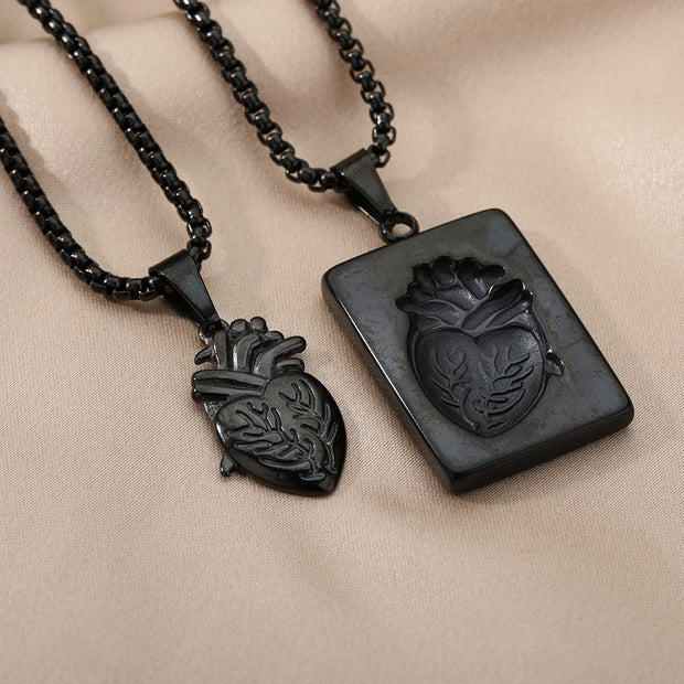 Gothic Anatomical Heart Pendant Necklace Set &amp; Puzzle Couple  Stainless Steel
